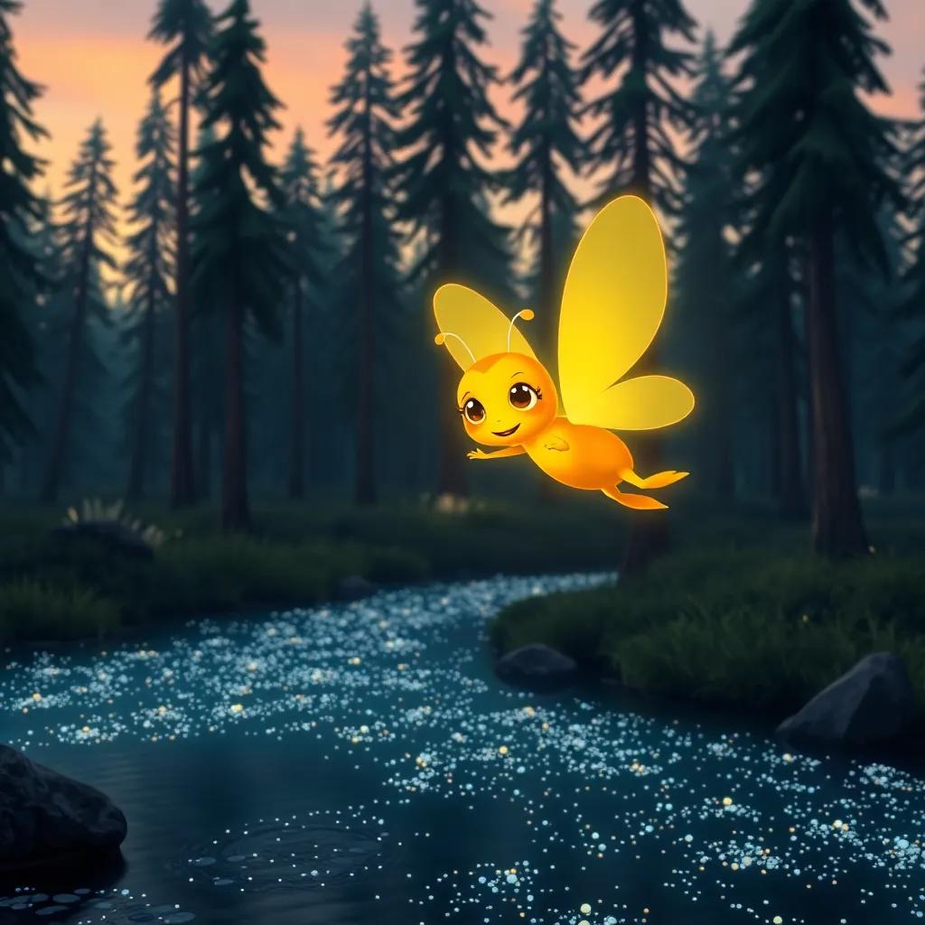 Fanny the Firefly flying over a sparkling river, tall trees in the background, dusk lighting, serene atmosphere, engaging scene, colorful, high quality