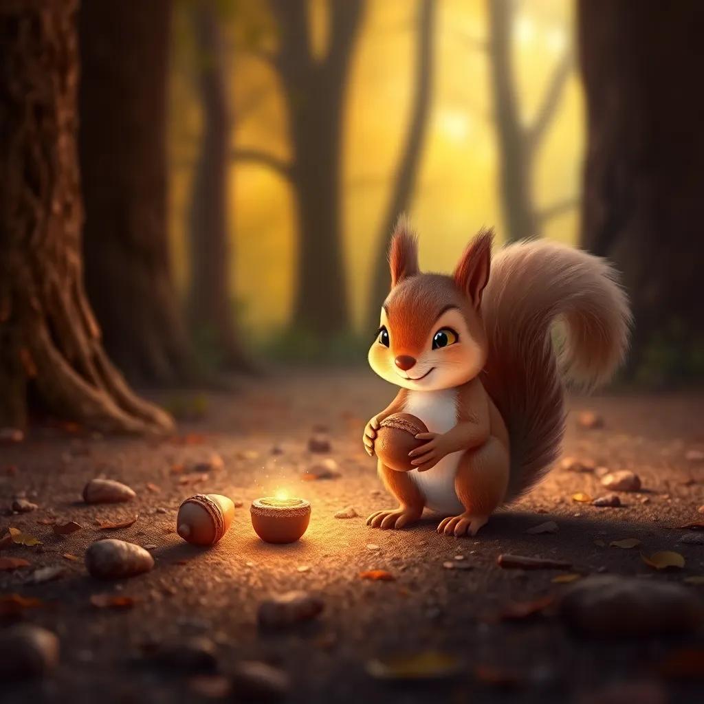A squirrel named Sammy finding his acorn with Fanny's tiny light illuminating the ground, forest scene, warm tones, joyful feeling, enchanting, high quality