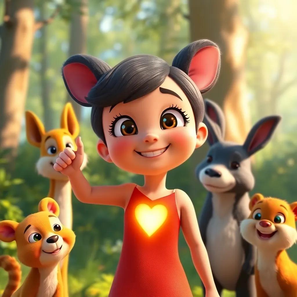 Fanny feeling proud with a warm glow in her heart, with animal friends around her, bright forest setting, cheerful mood, charming depiction, high quality