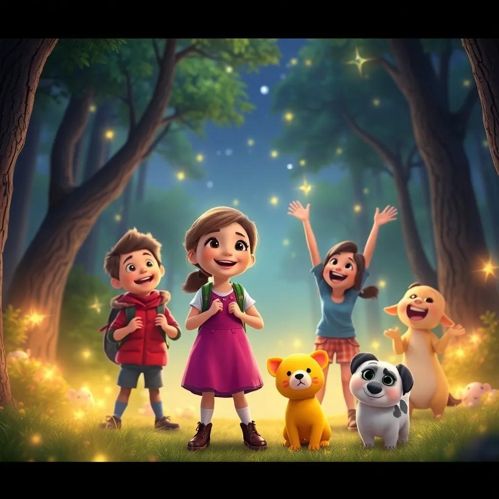 Fanny sharing her adventures with excited friends, glowing forest and twinkling stars, joyful and vibrant feel, storytelling scene, high quality