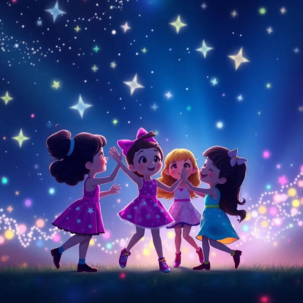 Fanny and her friends shining brightly under the stars, dancing together, magical scene with colorful lights, happy atmosphere, enchantingly beautiful, high quality