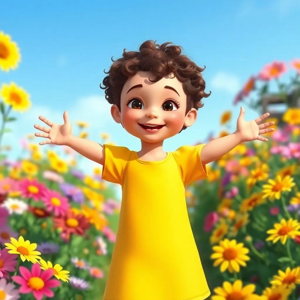 A small girl, Immi, with short curly brown hair and wearing a bright yellow dress, stretching her arms wide with a big smile in a sunny garden full of colorful flowers, digital art, vibrant colors, cheerful atmosphere, high quality