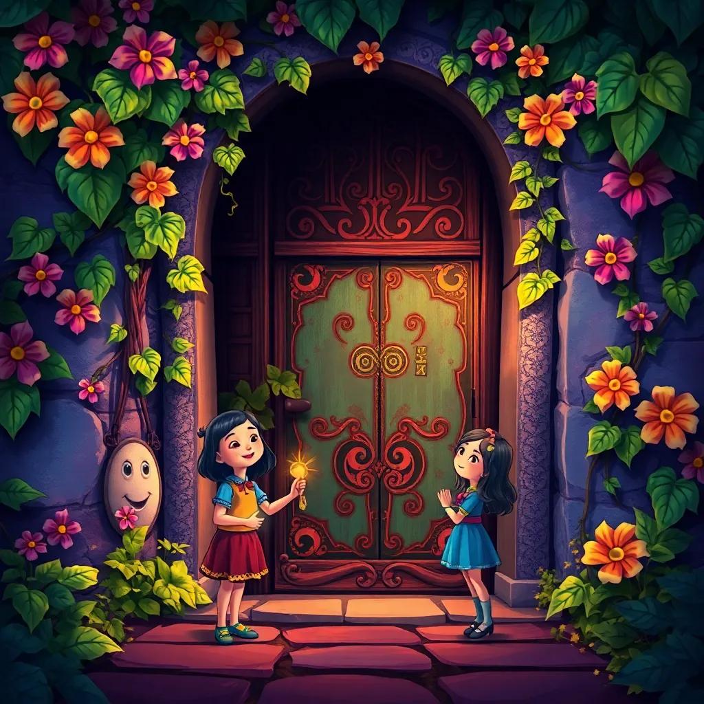 A colorful old door hidden behind vines, decorated with beautiful patterns, Immi standing in front of it with the shiny key in her hand, illustration, intriguing atmosphere, bright colors, child-friendly
