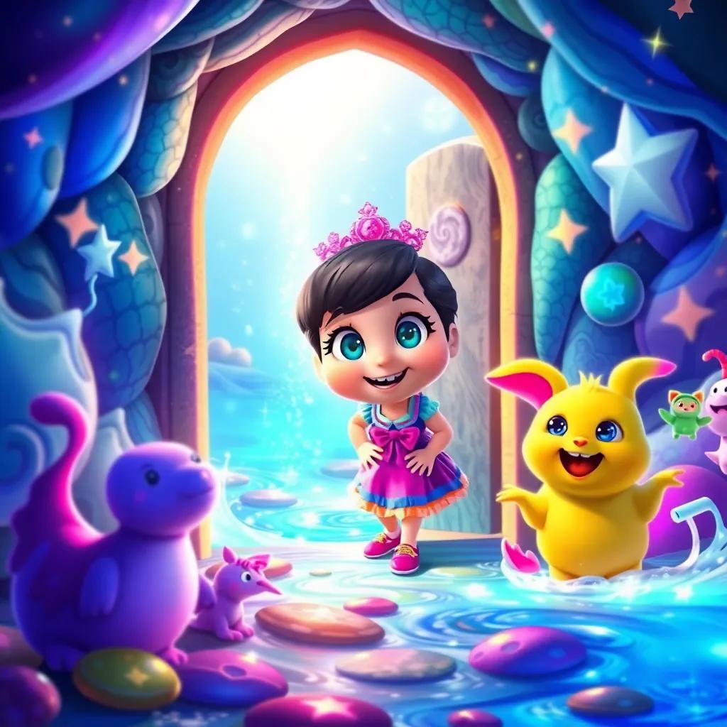 A magical world with sparkling streams and friendly creatures, Immi entering through the door with wide eyes, surrounded by vibrant colors and lots of joy, digital art, fantastical scene, vivid energy, high quality