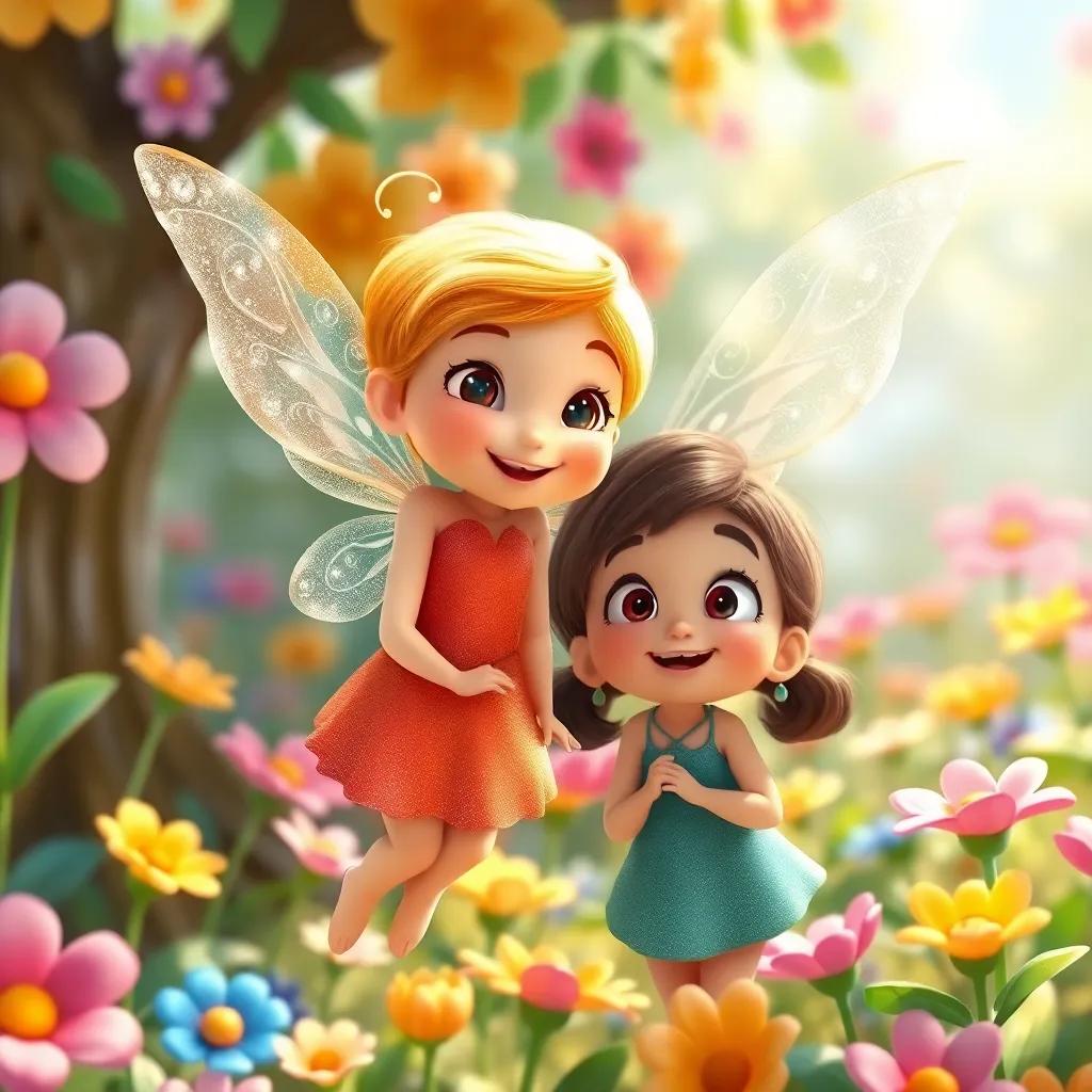 A tiny fairy named Lila, with shimmering wings and a bright smile, floating beside Immi, who looks amazed, in a whimsical garden full of candy flowers, illustration, cheerful, high color, joy-filled atmosphere