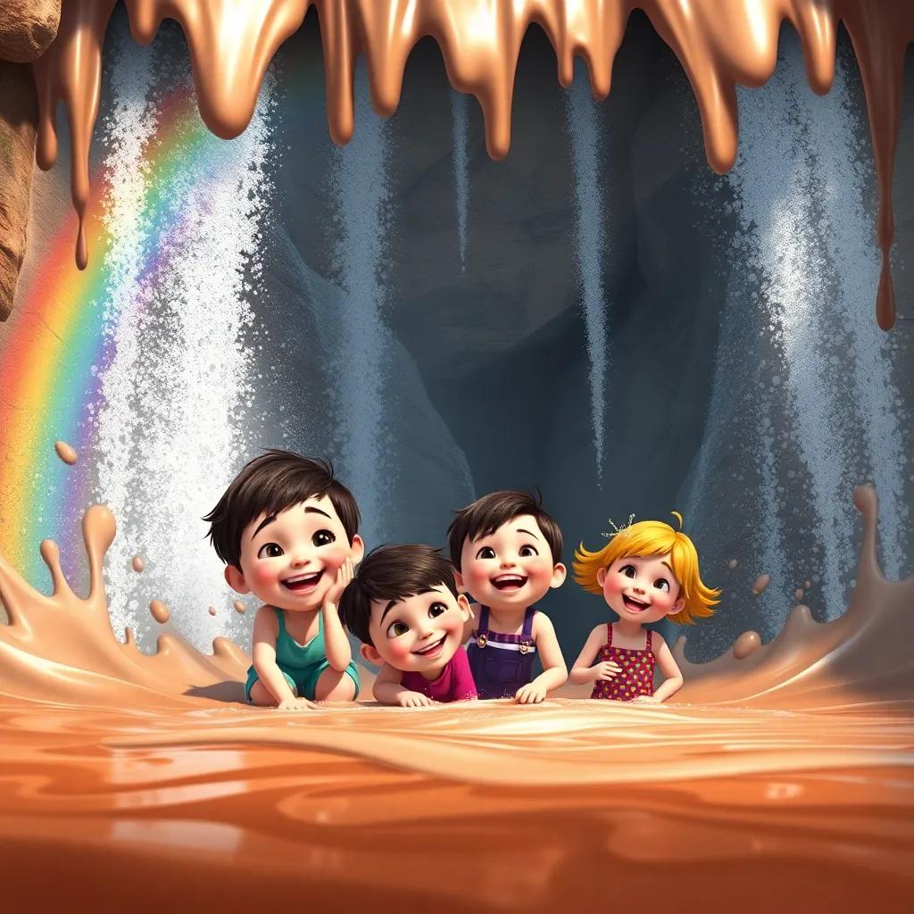 A rainbow waterfall with smiling children playing below, chocolate milk flowing all around, Immi and Lila laughing together, digital art, fun and playful feel, bright colors, high quality