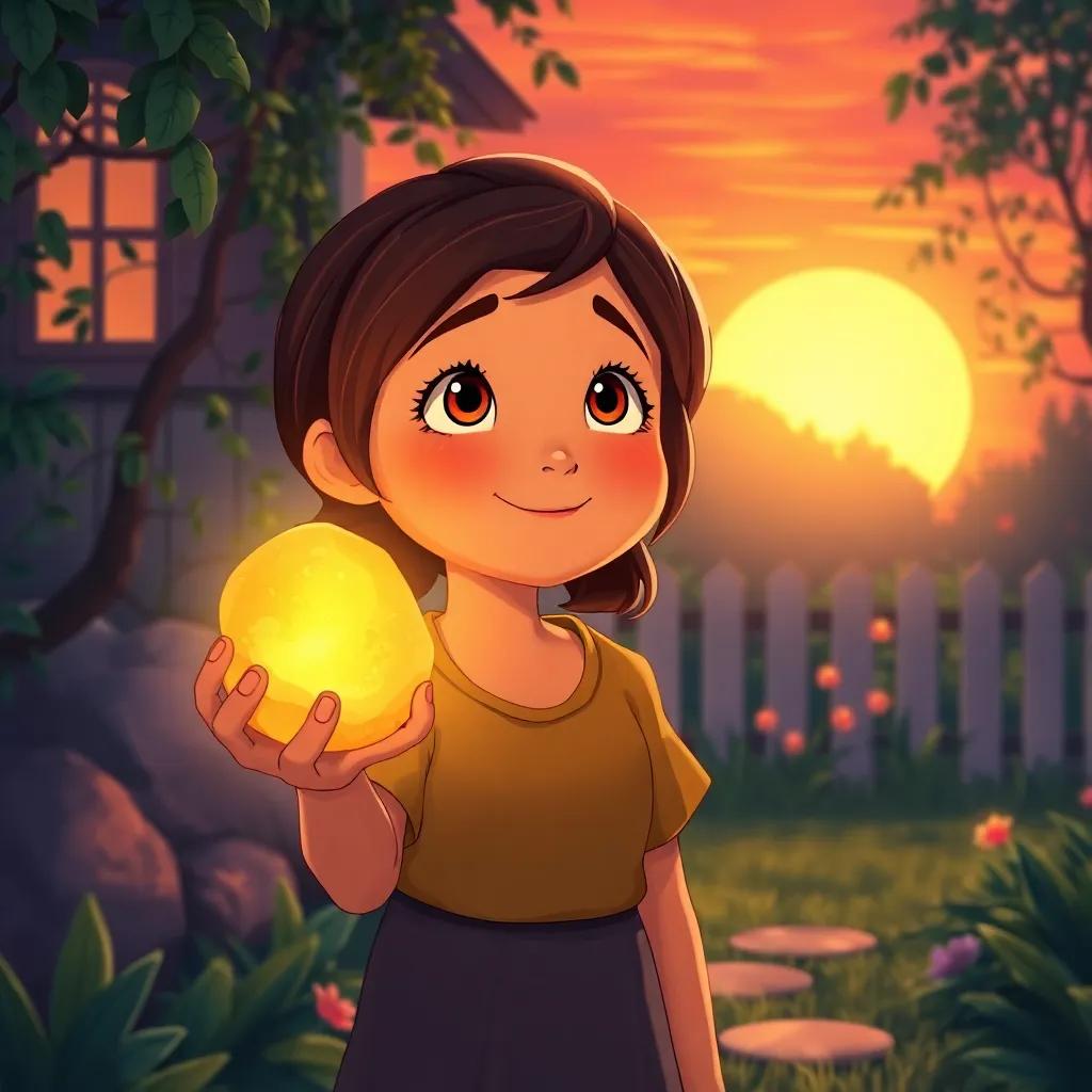 Immi looking at the sunset with a glowing stone in her hand, standing in her home garden, a sense of warmth and happiness on her face, illustration, heartwarming scene, rich colors, uplifting atmosphere