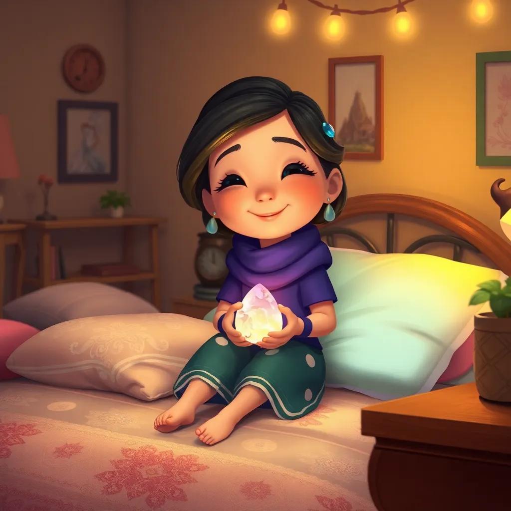 A cozy home scene with Immi sitting on her bed, holding the glowing stone, surrounded by dreamy decorations, smiling softly as she remembers her adventure, digital painting, peaceful ambiance, warm colors, high quality