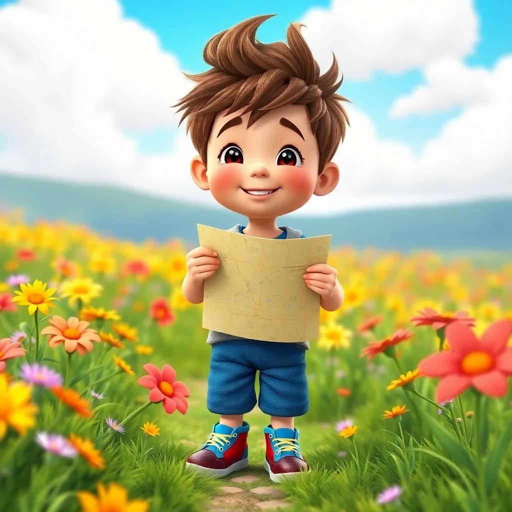 A young boy, Jknn, with wild hair, blue and red shoes, standing in a sunny field with a map in his hand, vibrant flowers around him, cheerful scenery, digital art, bright colors, joyful atmosphere, high quality