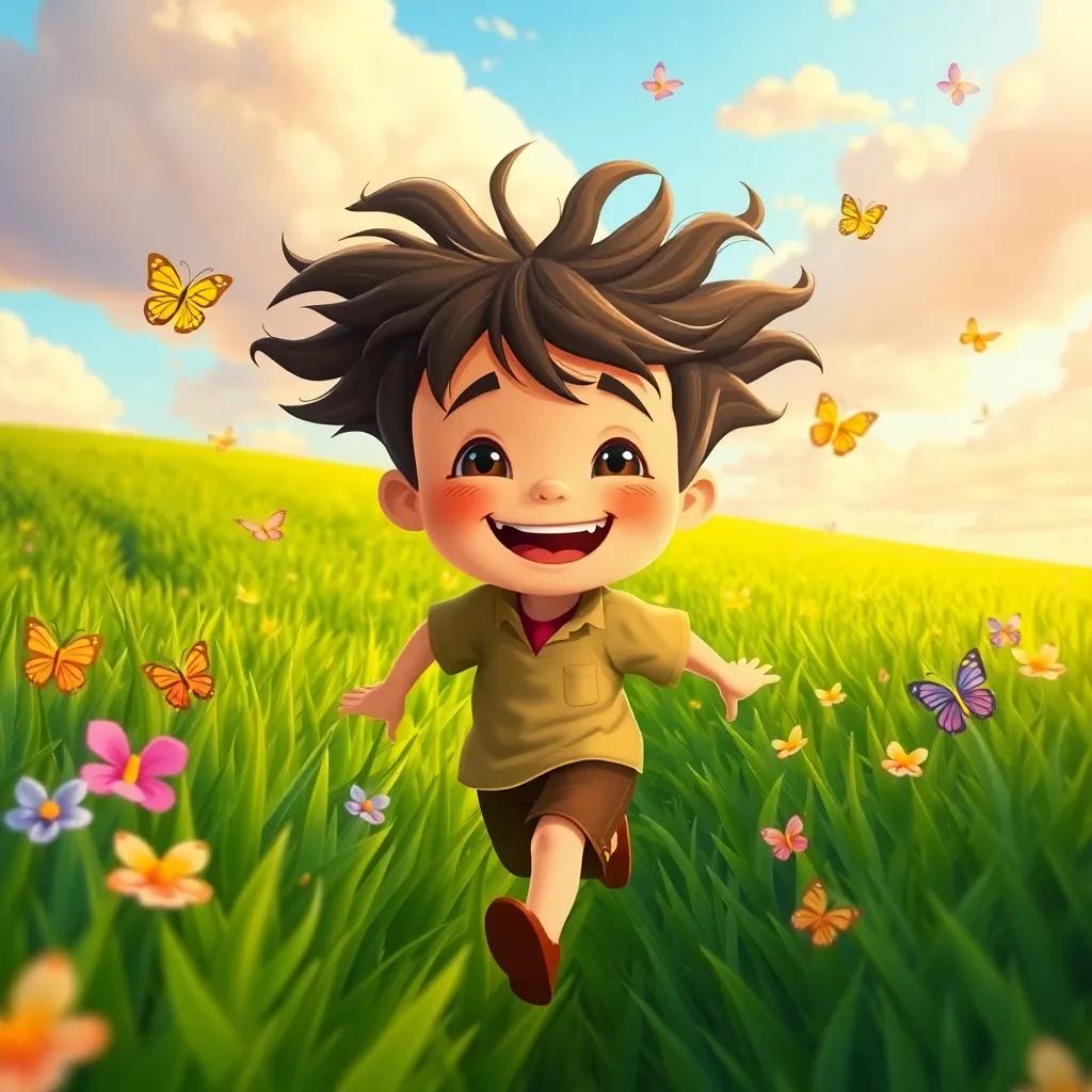 Jknn, a young boy with wild hair, running through fields of green, with a big smile, butterflies fluttering around, colorful skies, illustration, cheerful, playful, child-friendly