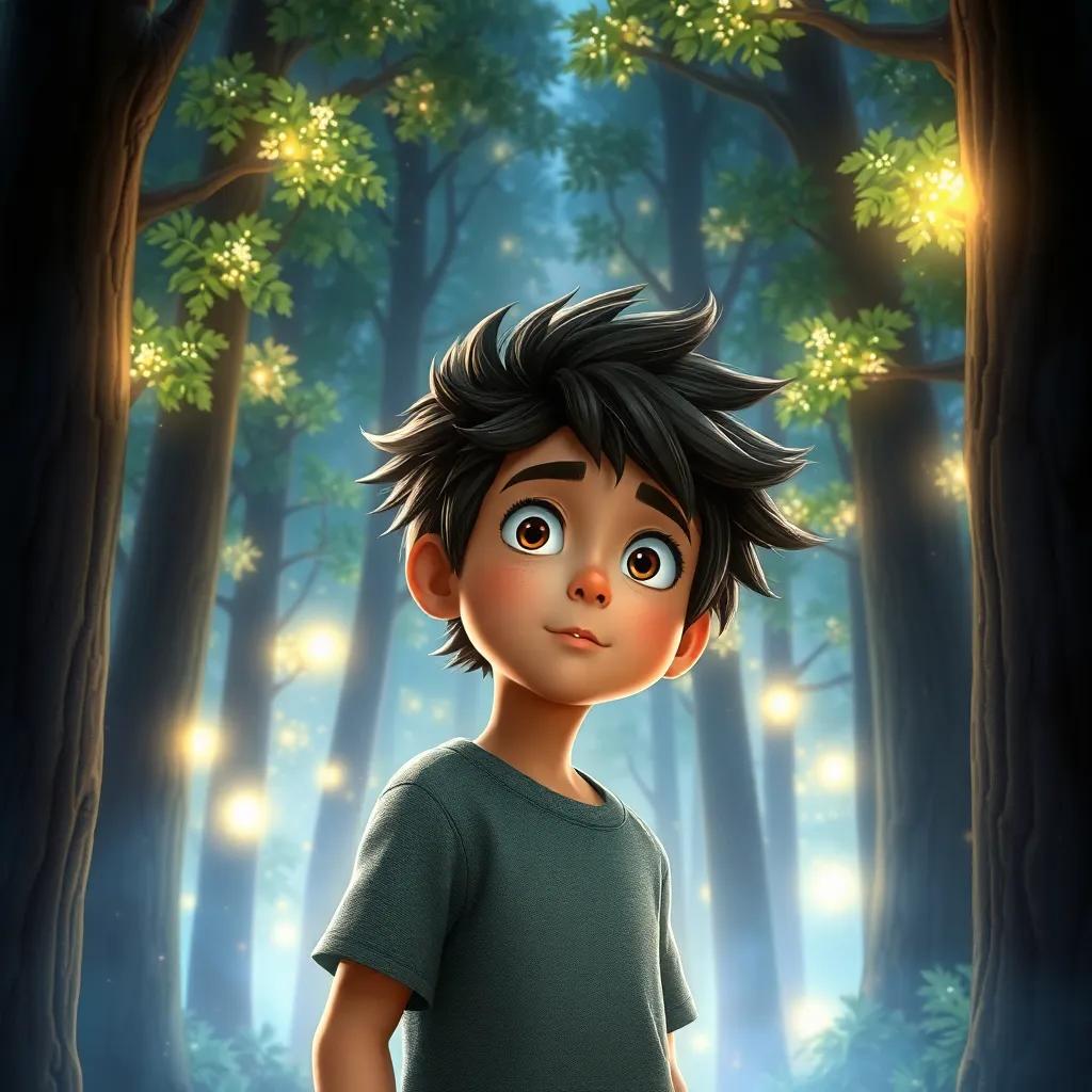 A magical forest, tall trees with sparkling leaves, Jknn, a young boy with wild hair, listening intently, glowing lights around him, enchanting atmosphere, detailed digital art, vivid colors