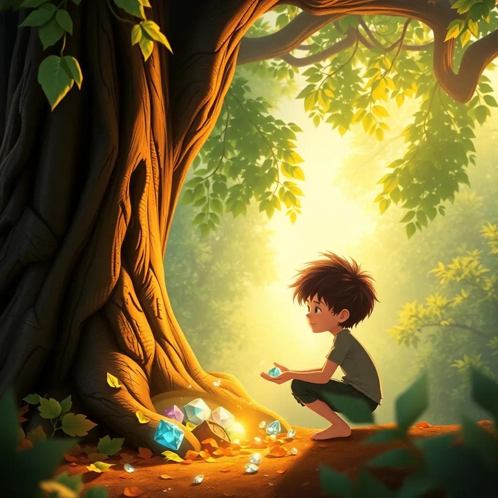 Jknn, a young boy with wild hair, knelt beside a giant oak tree, discovering treasure, sparkling gems amidst leaves and soft light, fantasy, warm glow, heartwarming scene, bright colors