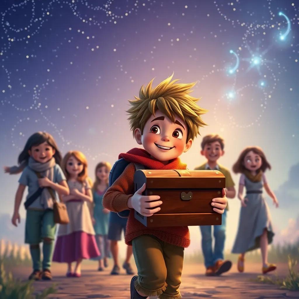 Jknn, a young boy with wild hair, walking home with a treasure chest, under a starlit sky, surrounded by friends and family, joyful reunion, colorful, warm light, heartwarming imagery