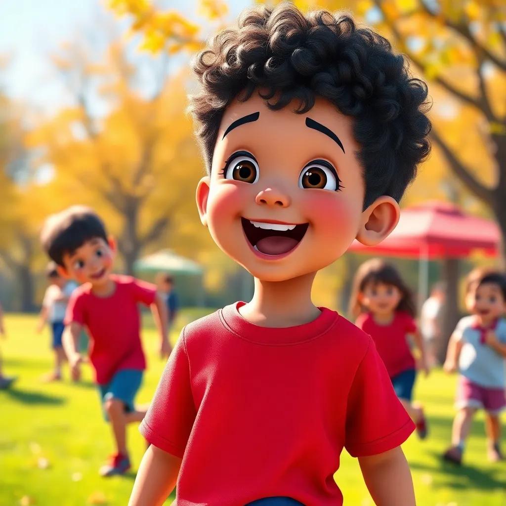 A little boy named H, around 7 years old, with short curly hair, wearing a bright red t-shirt and blue shorts, smiling and shouting with excitement in a sunny park, digital art, vibrant colors, warm atmosphere, happy children, high quality