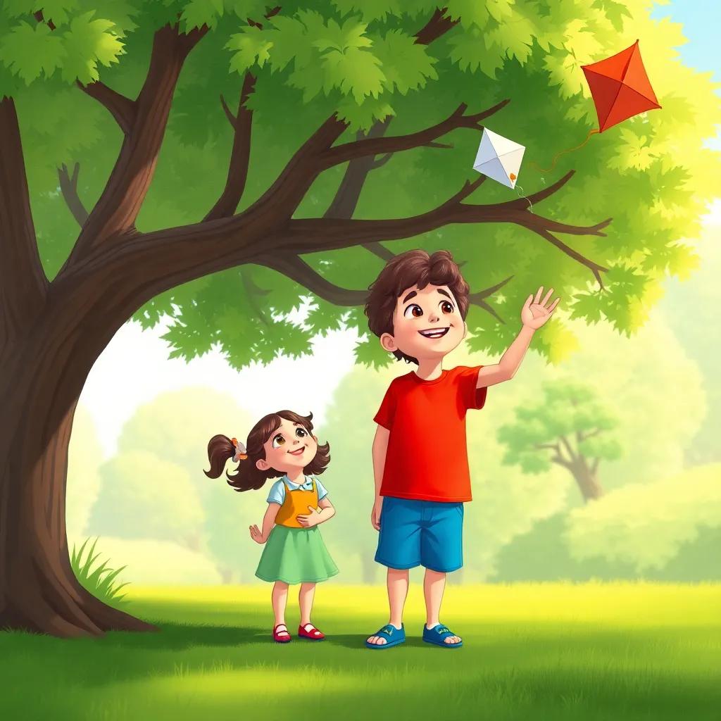 H, a little boy, with short curly hair, wearing a bright red t-shirt and blue shorts, standing under a big shady tree with a girl, Mia, looking up at the kite flying high, cheerful spirit, lush green park, illustration, lively, colorful