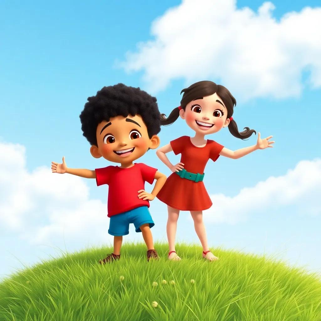 A grassy hill with H, a little boy, with short curly hair, wearing a bright red t-shirt and blue shorts, and Mia, a little girl with long hair in pigtails, both smiling and striking heroic poses, panoramic view, bright colors, child-friendly