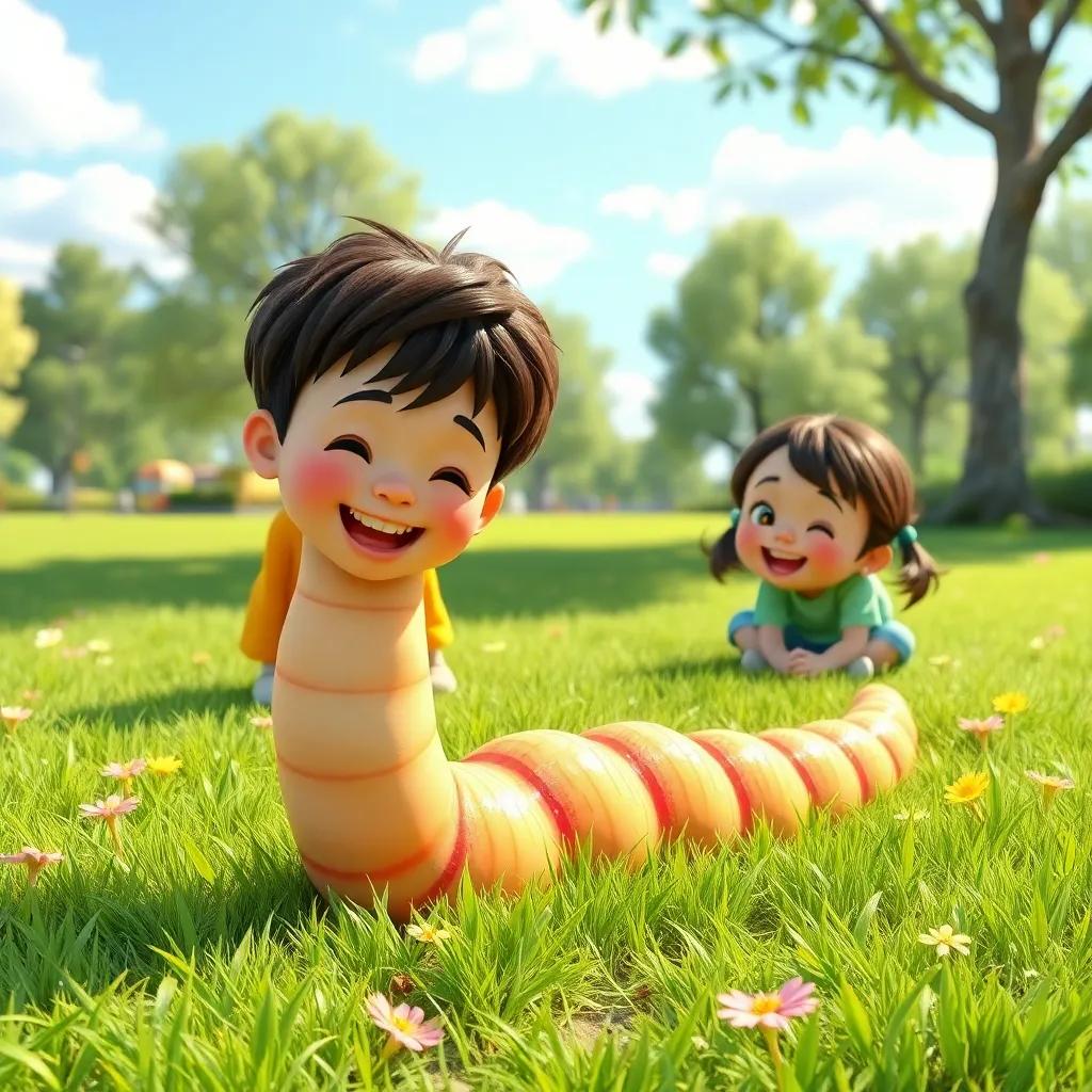 A cute wiggly worm on the grass, with H, a little boy, and Mia, a little girl, looking down and laughing, sunny day in a park, cheerful atmosphere, nature scene, high quality