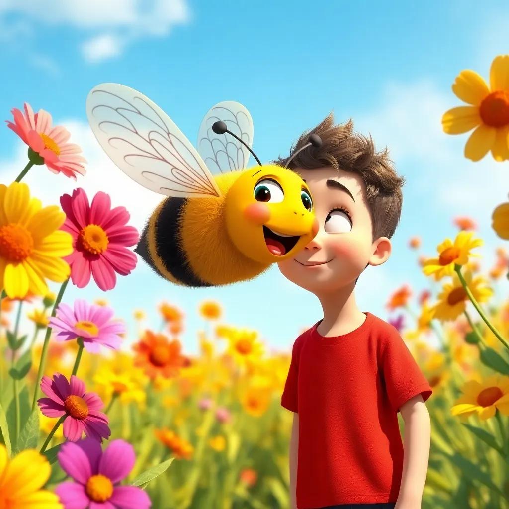 A buzzing bee flying between colorful flowers, with H, a little boy, with short curly hair, wearing a bright red t-shirt looking amazed, sunny field, bright colors, whimsical