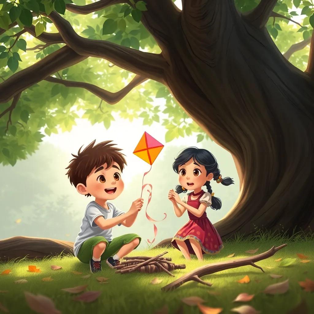 H, a little boy, with short curly hair, and Mia, a little girl, both excitedly crafting a kite under a big shady tree, surrounded by leaves and sticks, creative atmosphere, colorful, child-friendly