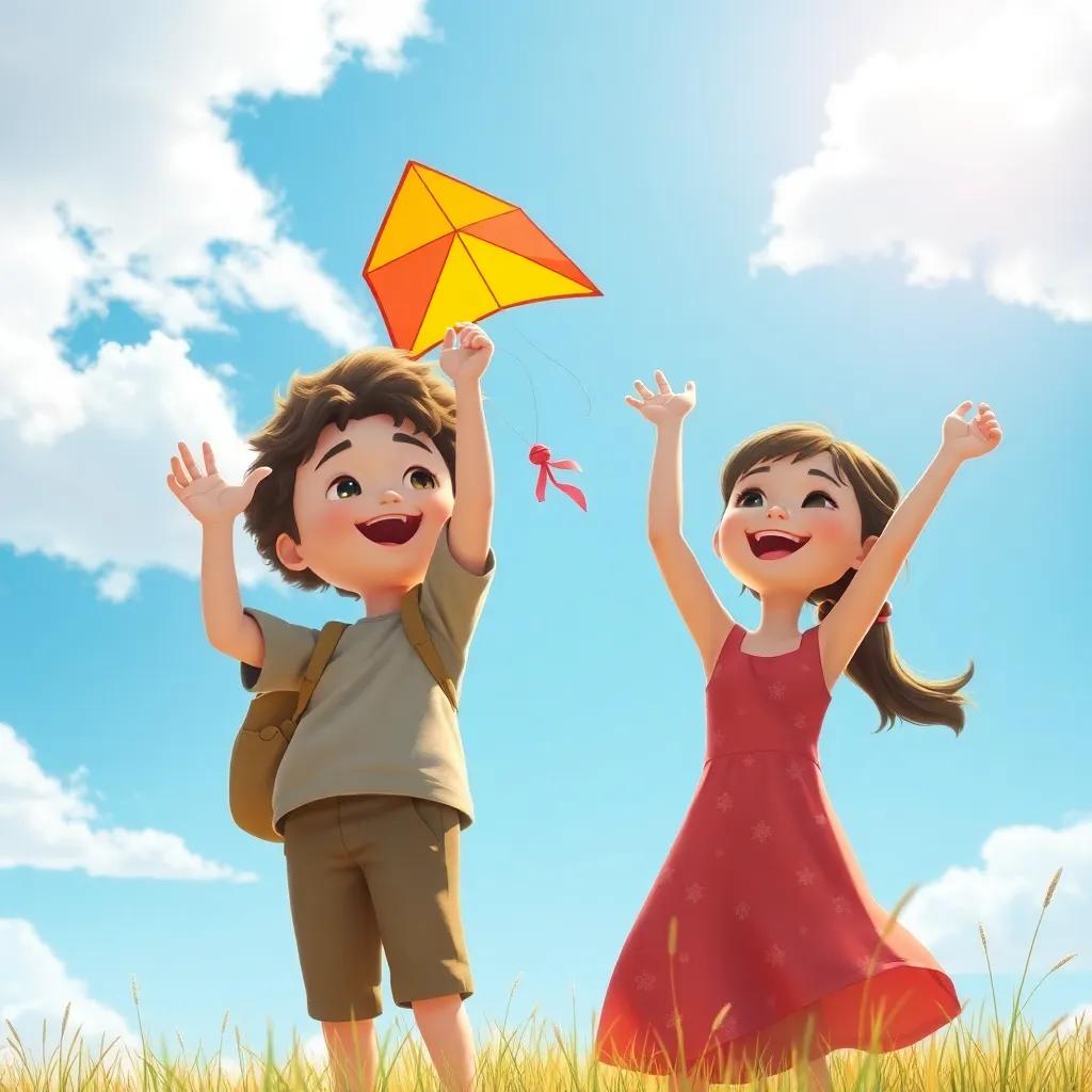H, a little boy, with short curly hair, and Mia, a little girl, both cheering as they launch their colorful kite into the blue sky, with bright sun and fluffy clouds, joyful spirit, adventure, high quality