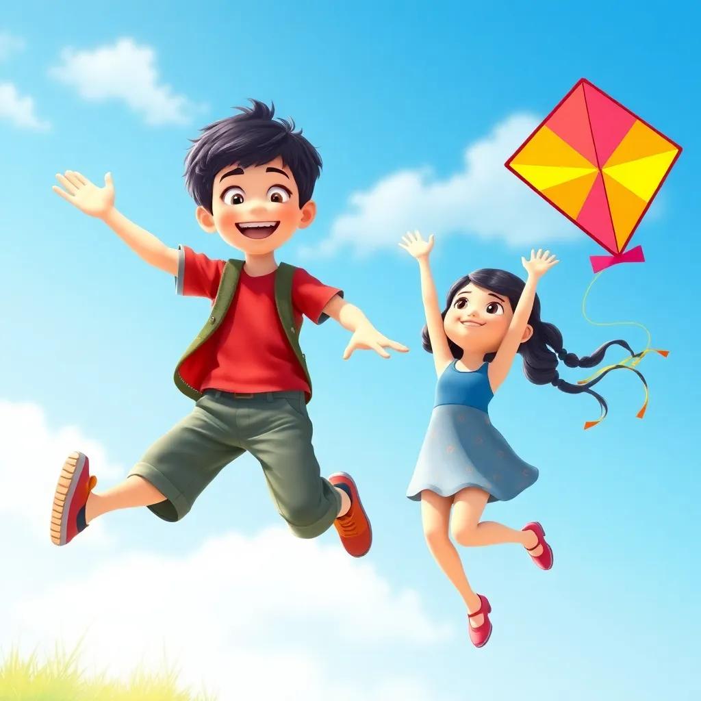 H, a little boy, with short curly hair, and Mia, a little girl, both jumping up and down in happy celebration as their colorful kite flies high in the blue sky, vibrant colors, cheerful atmosphere, playful scene
