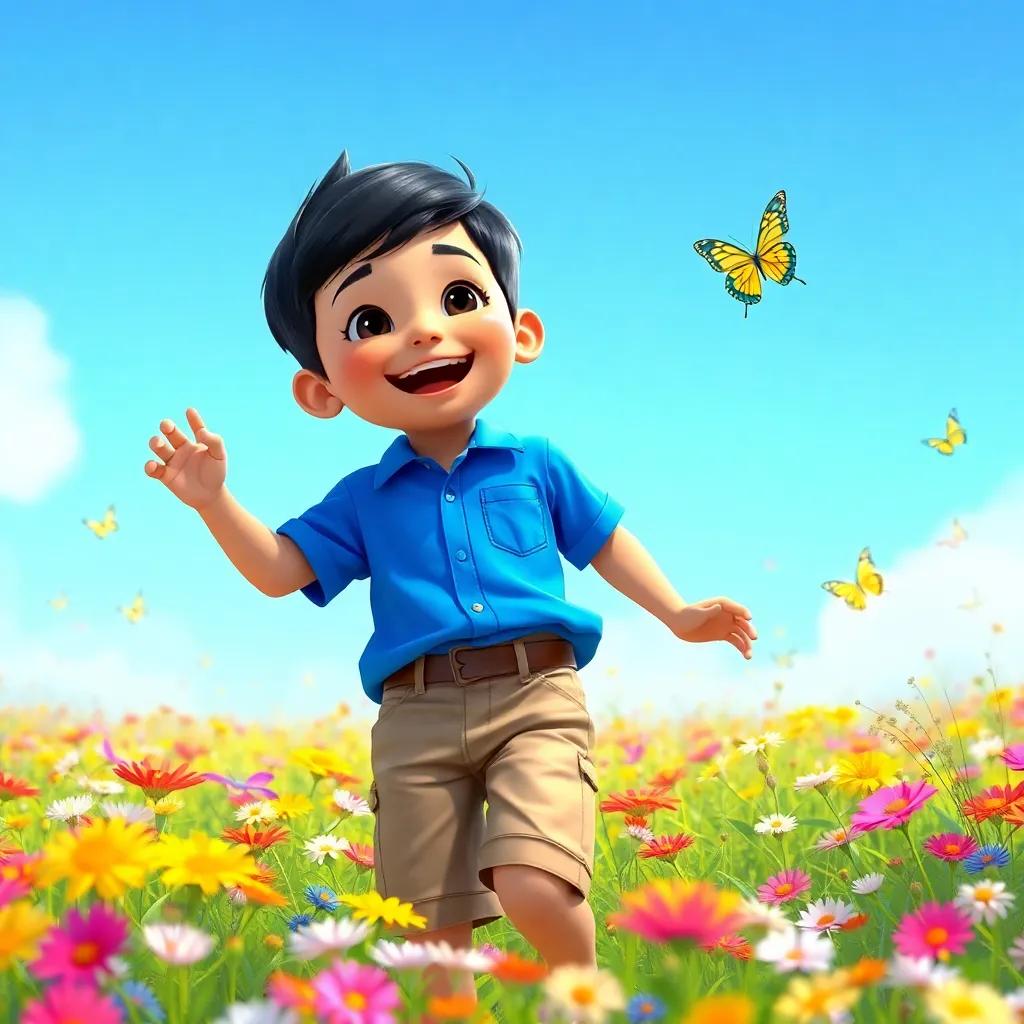 A joyful boy, Tufail, with short black hair, wearing a bright blue shirt and khaki shorts, exploring a colorful field filled with wildflowers and butterflies, sunny day, cheerful atmosphere, digital art, vibrant colors, child-friendly