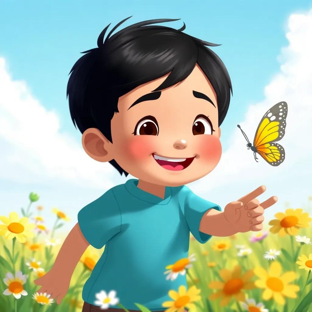 Tufail, a cheerful boy with short black hair, chasing a colorful butterfly in a sunny meadow, flowers all around him, bright and cheerful scene, illustration, whimsical, adventure-filled