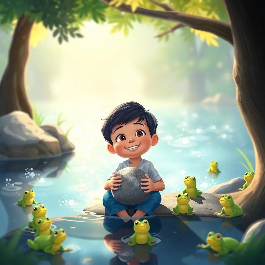 Tufail, a happy boy with short black hair, sitting by a sparkling pond, watching frogs jump around, holding a shiny smooth stone in his hand, serene atmosphere, digital painting, lively and colorful, child-friendly