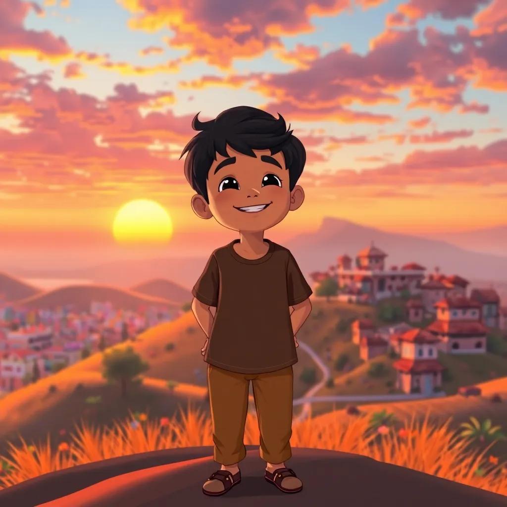 Tufail, a cheerful boy with short black hair, standing on a hilltop with a breathtaking view of his village, colorful sunset behind him, feeling joyful and fulfilled, illustration, warm colors, uplifting