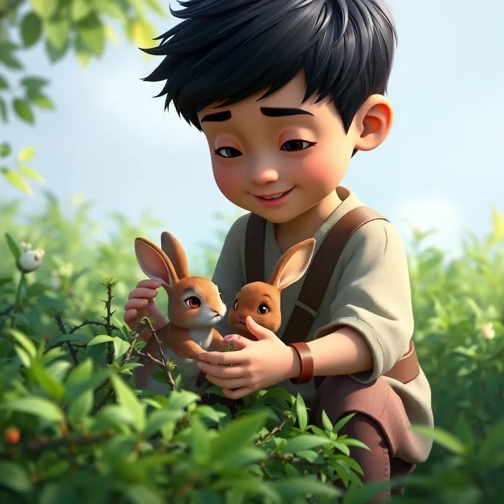 Tufail, a brave boy with short black hair, gently helping a little rabbit stuck in a thorny bush, surrounded by lush greenery, heartwarming scene, digital art, friendly and caring vibe, child-appropriate