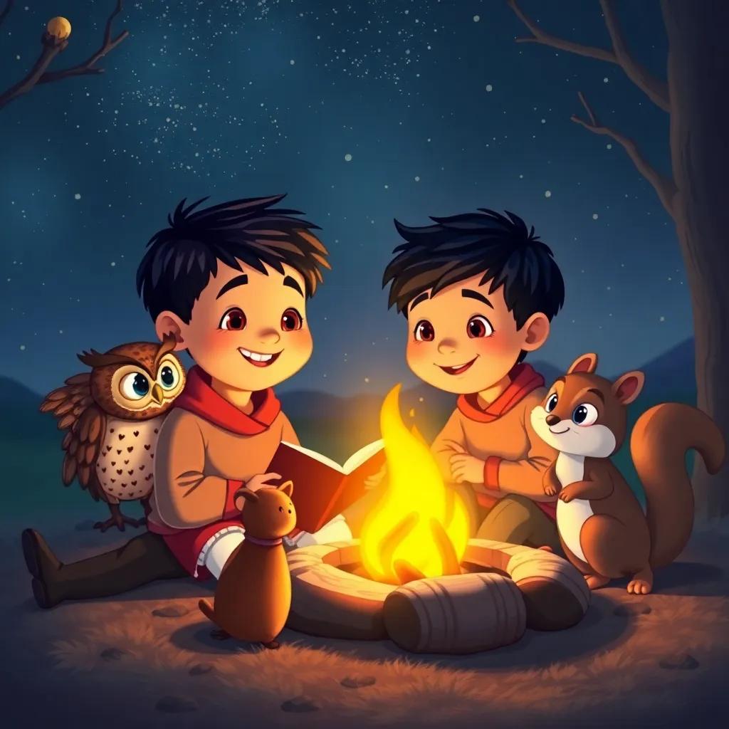 Tufail, a happy boy with short black hair, sitting with a wise old owl and a playful squirrel around a glowing campfire, sharing stories under the starry night sky, cozy and magical atmosphere, illustration, rich colors, inviting