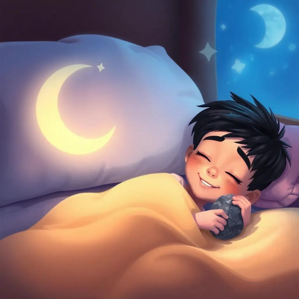 Tufail, a joyful boy with short black hair, sleeping peacefully in his bed, dreaming of adventures, with a magical stone beside him, comforting and delightful atmosphere, digital art, soft colors, child-friendly