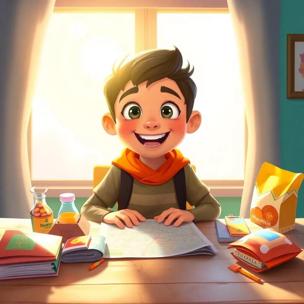 Tufail, a cheerful boy with bright eyes, ready for his next adventure, bright morning sun shining through the window, with maps and snacks laid out on his table, enthusiastic and lively scene, digital painting, colorful and engaging