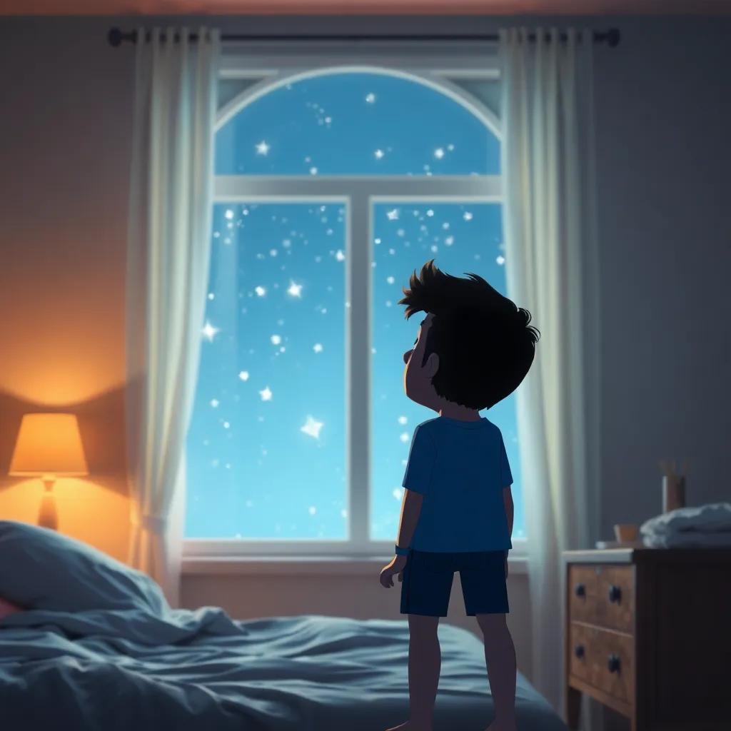 A man named Max standing in a bright bedroom, looking at a window with stars shining through, dreaming of being a superhero, digital art, cozy and warm ambiance, inviting glow, focused perspective, high detail