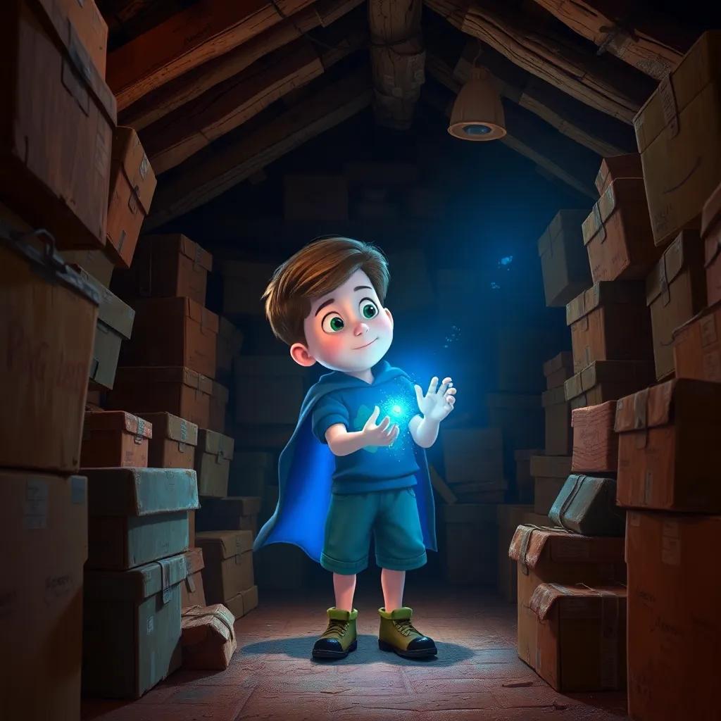 Max discovering a mysterious glowing cape in a dusty attic filled with old boxes, with a sparkly blue light shining on him, digital painting, whimsical, magical atmosphere, warm color tones, close-up view