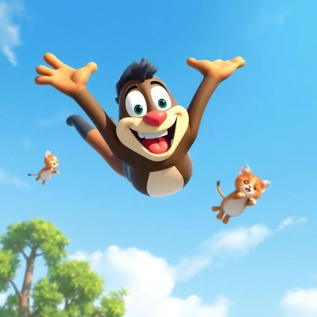 Mighty Max flying joyfully through a clear blue sky, saving kittens from a tall tree, with a big smile on his face, illustration, cheerful and bright, colorful surroundings, dynamic angle, vivid details
