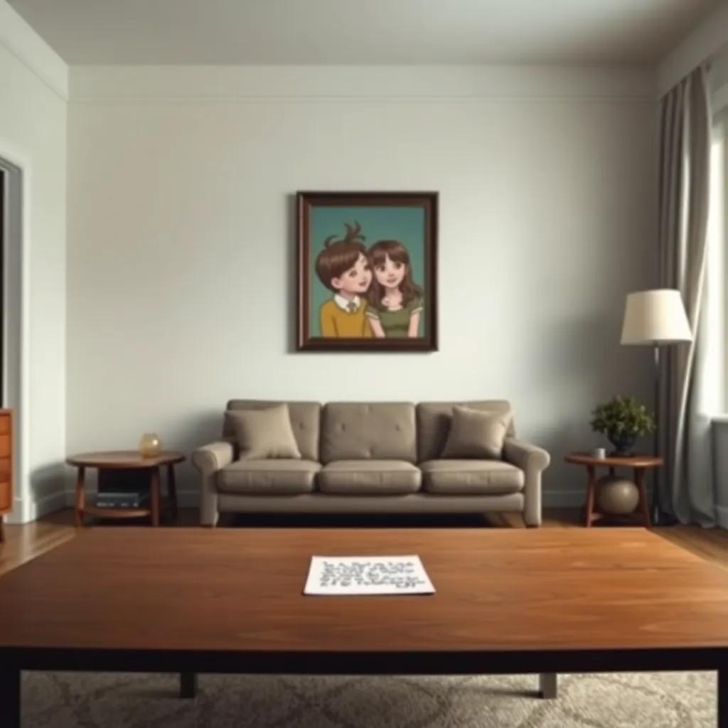 An empty living room with a note left on the table, a portrait of Max and Lily on the wall, illustrating a sense of longing and absence, muted colors, emotional atmosphere, storytelling perspective, soft focus