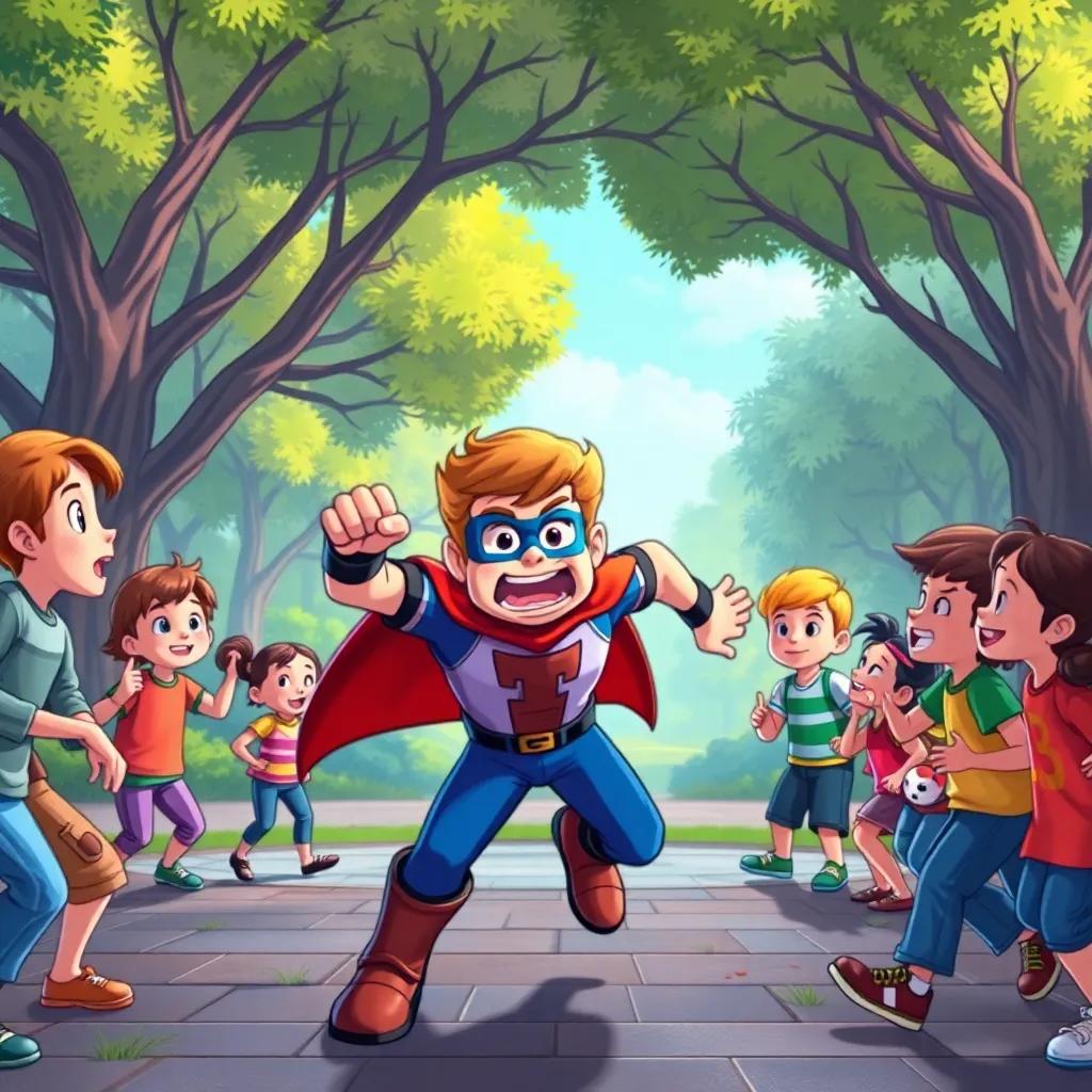 Mighty Max in action, taking down a group of bullies in a park, with children cheering him on, showcasing bravery and heroism, comic style, vibrant color palette, engaging action scene, high energy