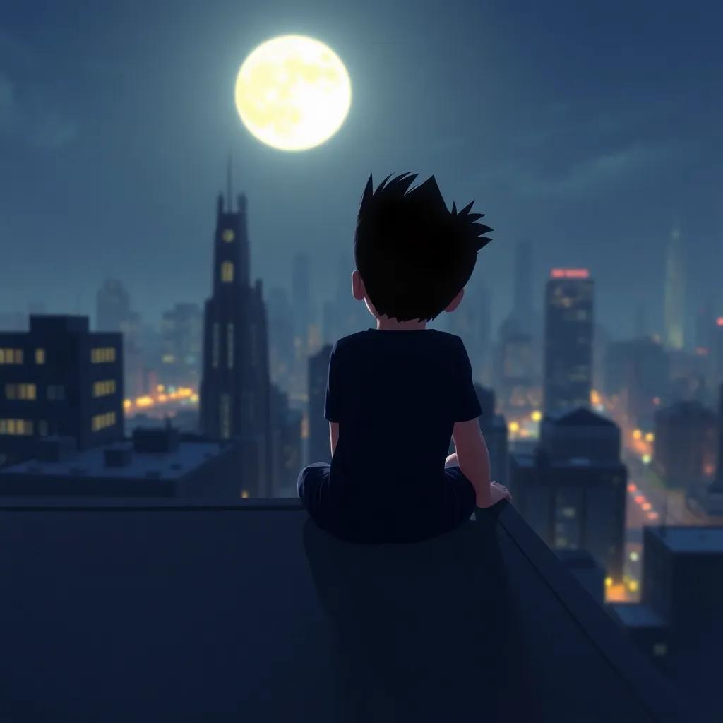 Mighty Max sitting alone on a rooftop, looking out over the city with a thoughtful expression, pondering his next move in a moonlit night, digital art, serene and reflective mood, calming colors, deep focus viewpoint
