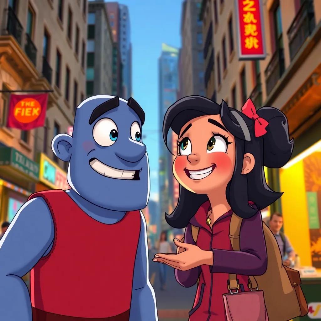 Mighty Max noticing Lily helping victims, both showing surprise and joy in their eyes, set in a bustling city street, capturing a moment of realization, detailed illustration, warm and vibrant environment, engaging ambiance