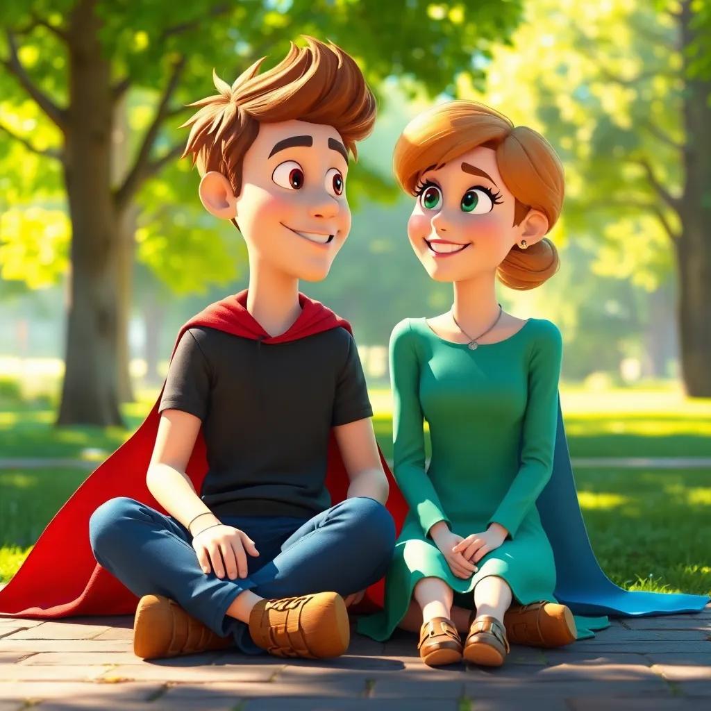 Max, now without his cape, sitting next to Lily in a sunny park, both smiling and talking with honesty and connection, showing their reunion, bright colors, heartwarming scene, soft lighting, intimate perspective