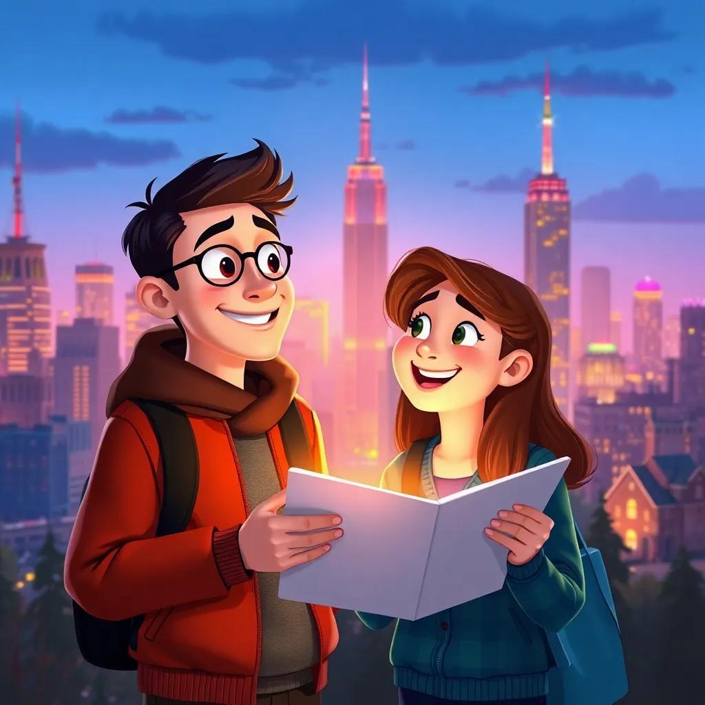 Max and Lily together, planning new adventures with a backdrop of their city, both happy and engaged, reflecting growth and partnership, digital art, lively and optimistic atmosphere, rich colors, balanced composition