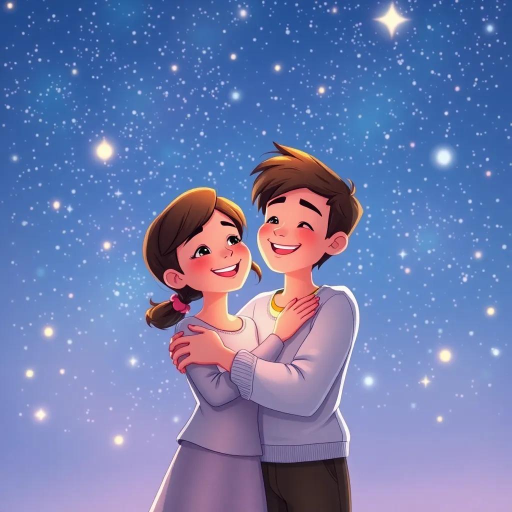 Max and Lily smiles as they embrace, under a starlit sky full of dreams, both in simple clothing, showcasing love and companionship, dreamy illustration, magical quality, romantic hues, uplifting focus
