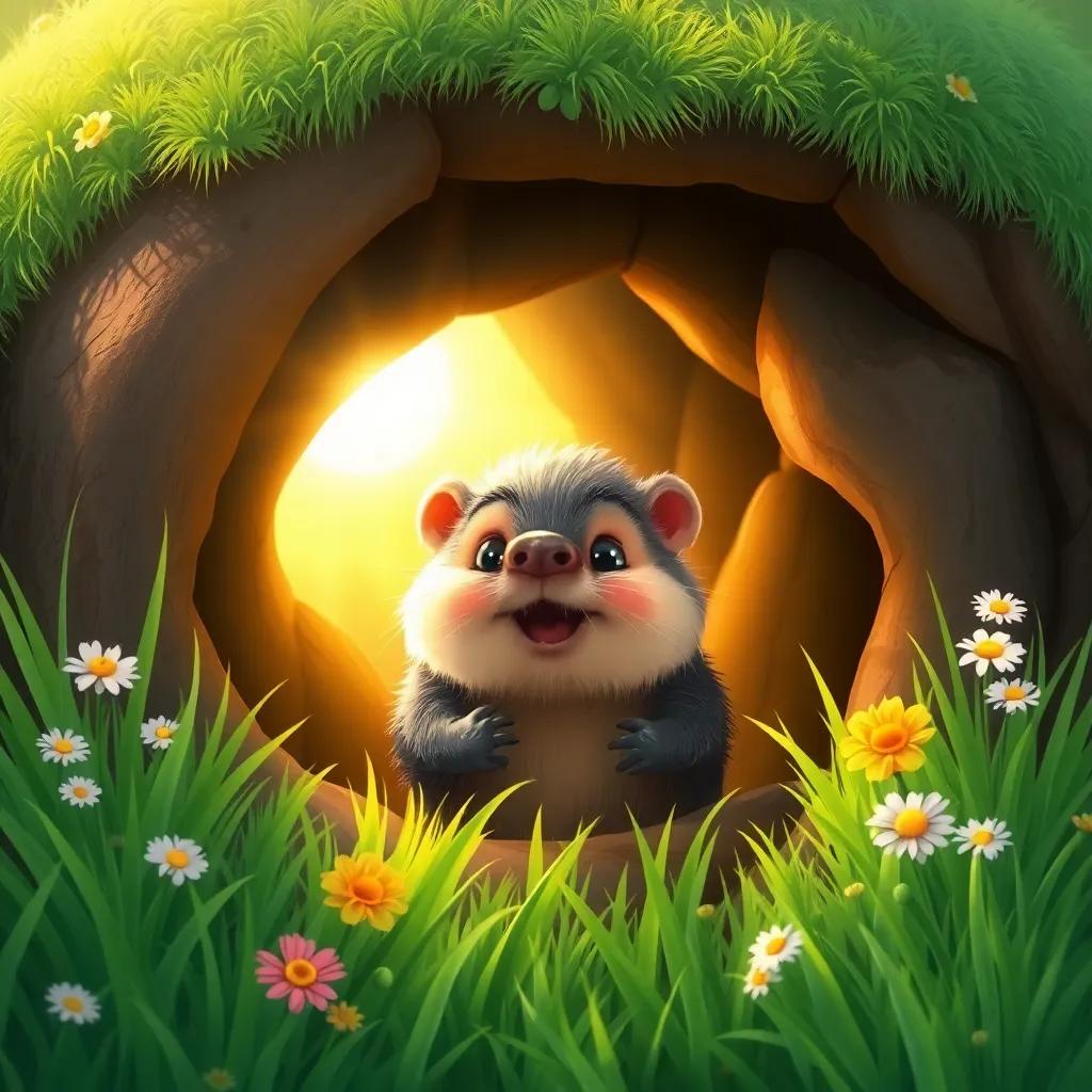 A small mole peeking out from his cozy burrow with sunny rays shining, surrounded by lush green grass and wildflowers, digital art, cheerful and bright, inviting atmosphere, high quality