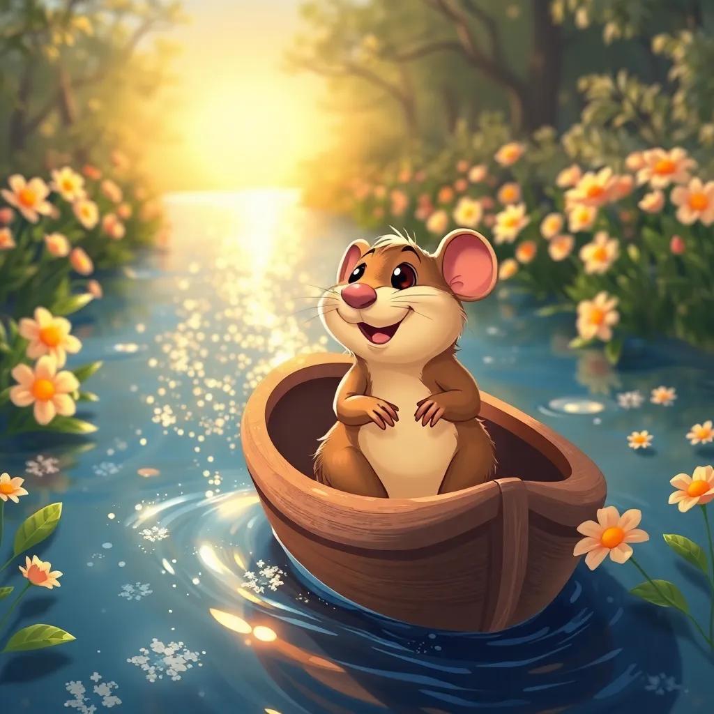 A charming water rat, Ratty, in a small boat with a big smile, drifting down a sparkling river illuminated by the sun, surrounded by flowers, digital illustration, warm colors, storybook style, high quality
