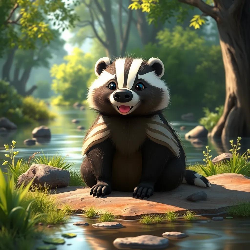 A wise badger with a coat of stripes, sitting on the riverbank with sunlight shining on him, looking friendly and inviting, surrounded by trees and plants, digital painting, vibrant nature, peaceful scene, high quality