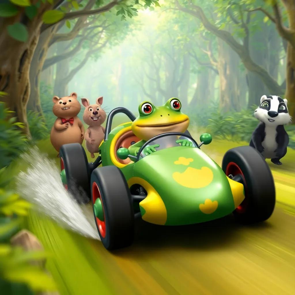 A race car speeding through a green wood, with Toad in the driver seat looking excited, while Mole, Ratty, and Badger watch with wide eyes, digital art, colorful and playful, dynamic atmosphere, high quality