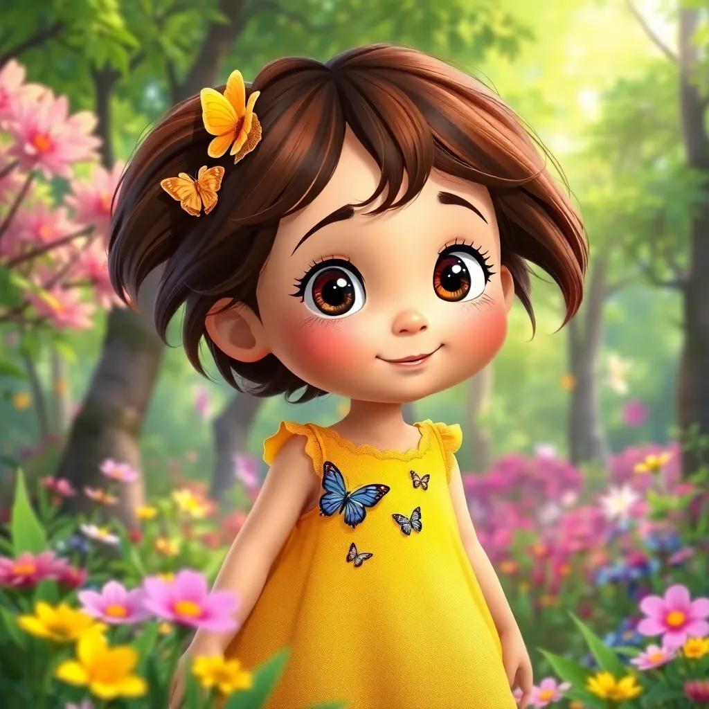 A curious little girl named N with brown hair, wearing a yellow dress with butterflies, exploring a colorful forest with vivid green trees and flowers, digital art, bright, lively colors, cheerful atmosphere, high quality