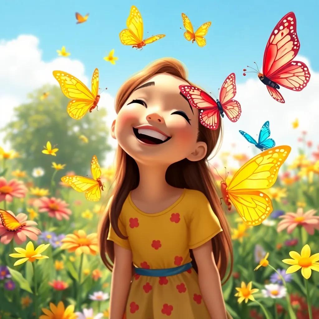 N laughing as she watches butterflies dancing around her, with bright yellow, blue, and red wings, sunny day, vibrant flowers all around, whimsical illustration, joyful expression, enchanting scene