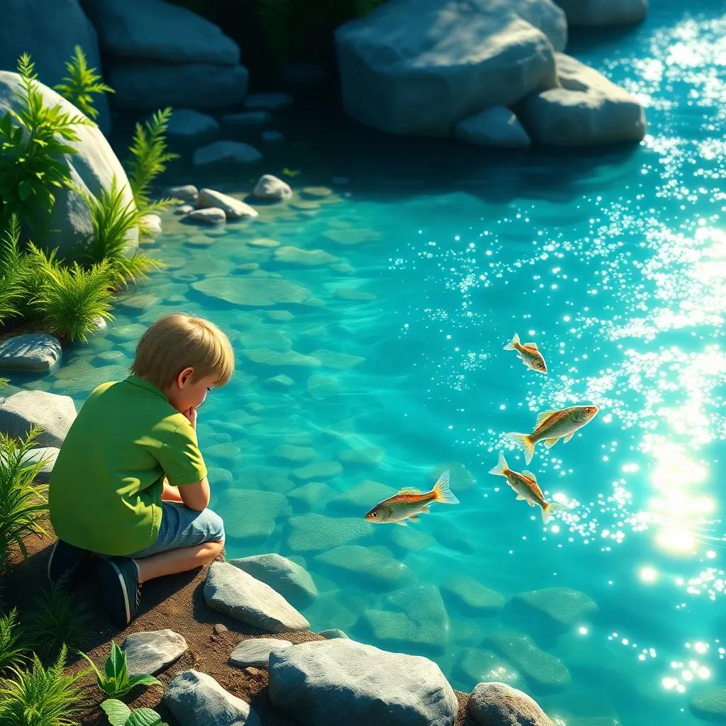 N kneeling by a sparkling stream, watching quick and playful fish swim, the water shimmering like diamonds, with rocks and green plants surrounding, digital painting, clear blue and bright green colors, inviting setting
